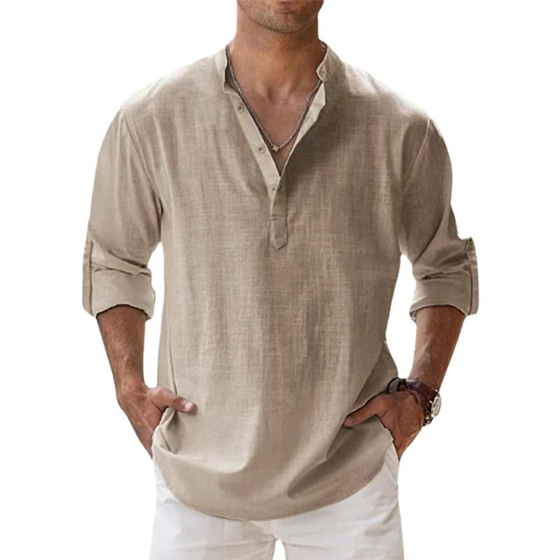 Men's henley shirt in a linen look with band collar, button neck and rolled-up sleeves - beige
