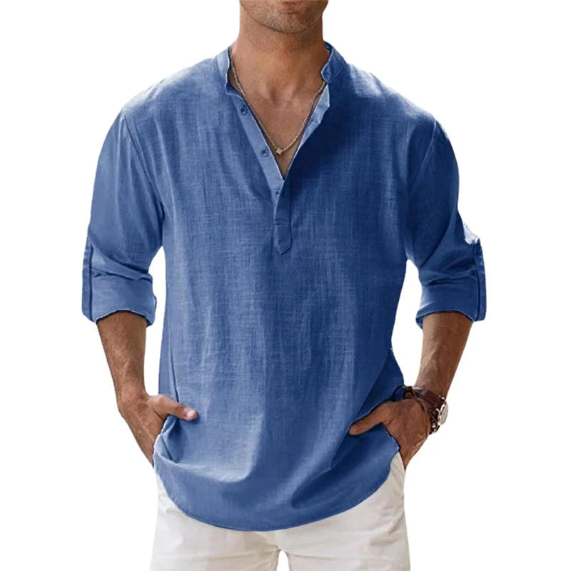Men's henley shirt in a linen look with band collar, button neck and rolled-up sleeves - blue