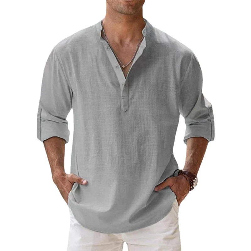 Men's henley shirt in a linen look with band collar, button neck and rolled-up sleeves - light grey