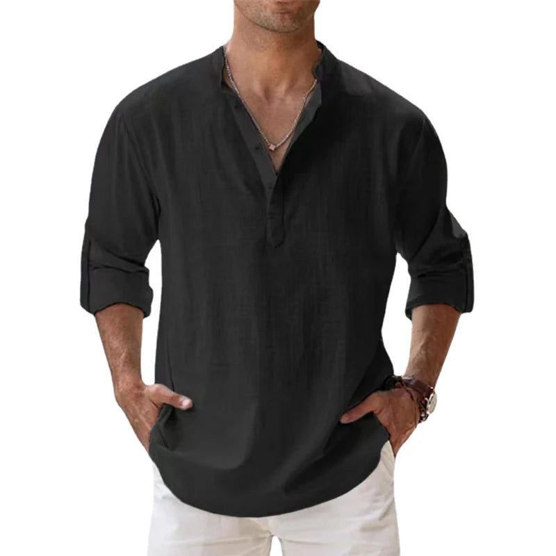 Men's henley shirt in a linen look with band collar, button neck and rolled-up sleeves - black