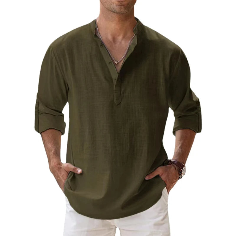 Men's henley shirt in a linen look with band collar, button neck and rolled-up sleeves - olive green