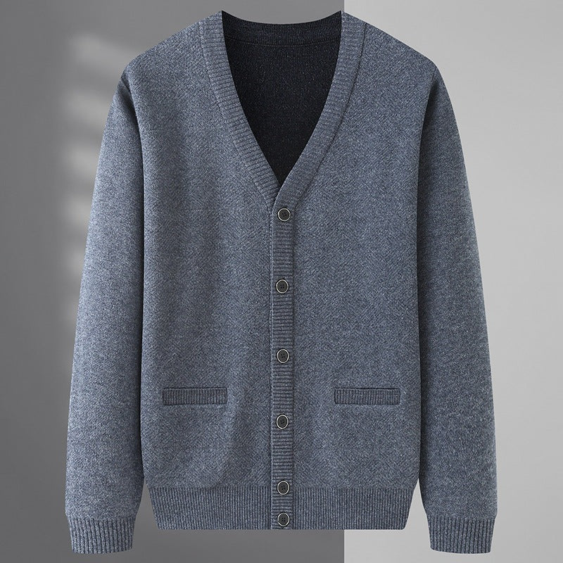 Men's herringbone knit cardigan with a V-neck, button front and welt pockets - view 2