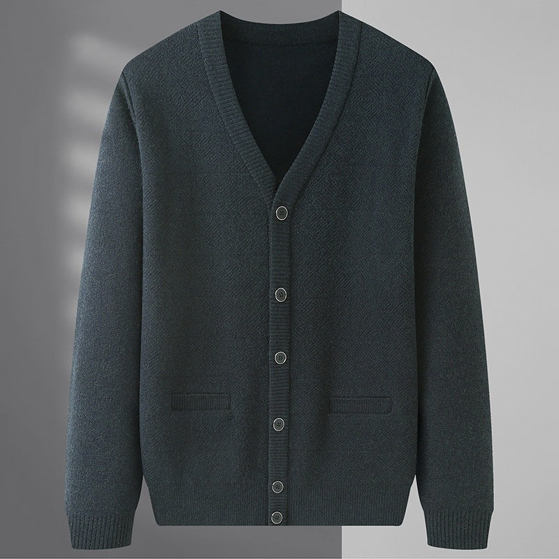 Men's herringbone knit cardigan with a V-neck, button front and welt pockets - view 3