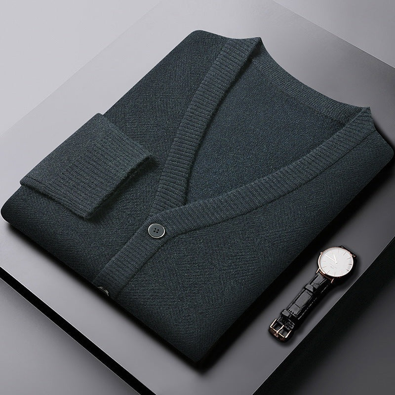 Men's herringbone knit cardigan with a V-neck, button front and welt pockets - dark green