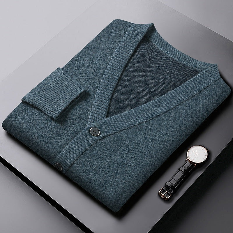 Men's herringbone knit cardigan with a V-neck, button front and welt pockets - petrol blue