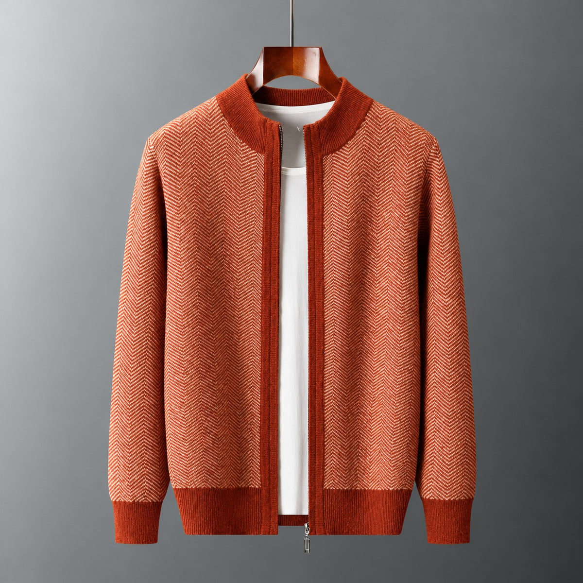 Men's herringbone knit cardigan with a stand collar and full-length zip