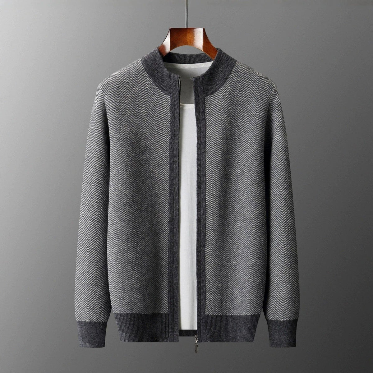 Men's herringbone knit cardigan with a stand collar and full-length zip - view 2