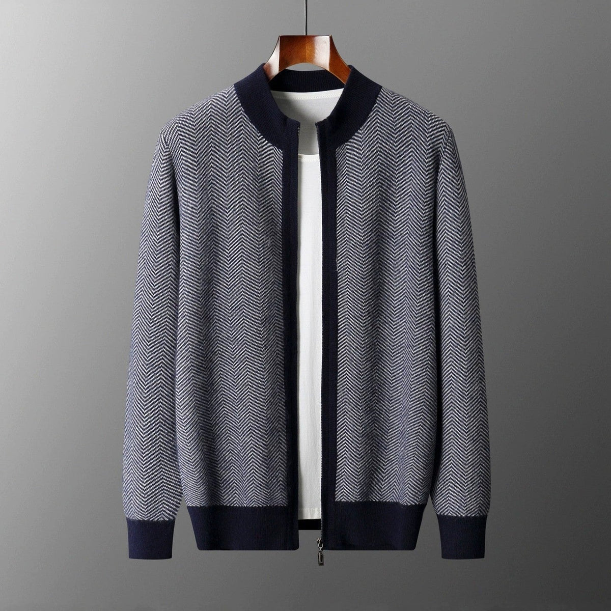Men's herringbone knit cardigan with a stand collar and full-length zip - view 3