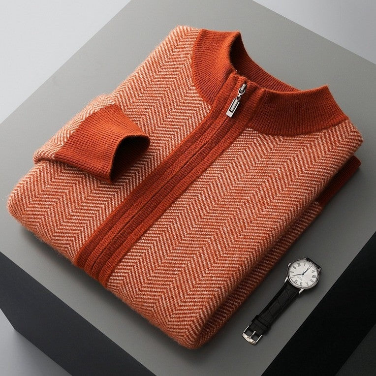Men's herringbone knit cardigan with a stand collar and full-length zip - orange