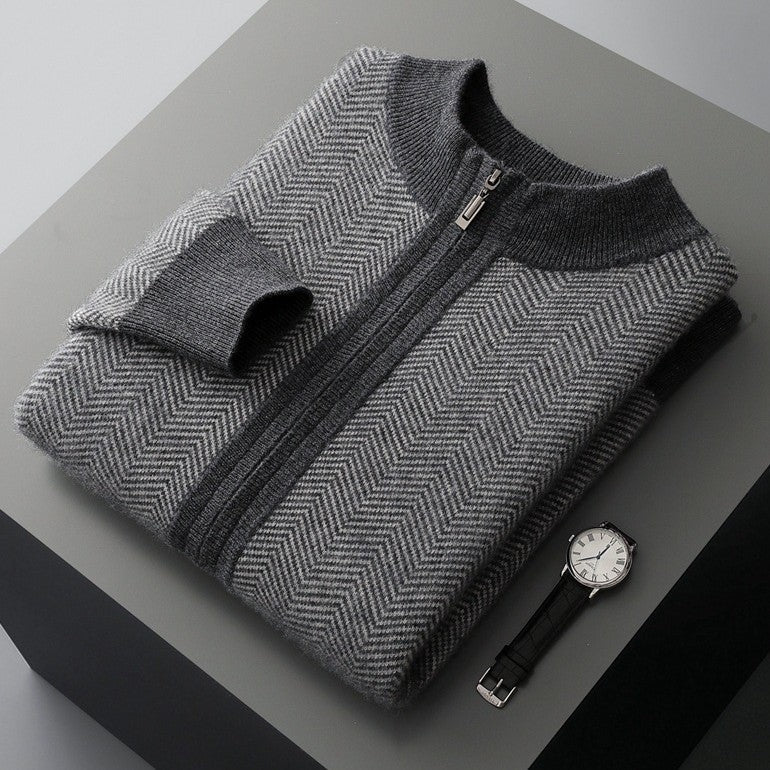 Men's herringbone knit cardigan with a stand collar and full-length zip - grey