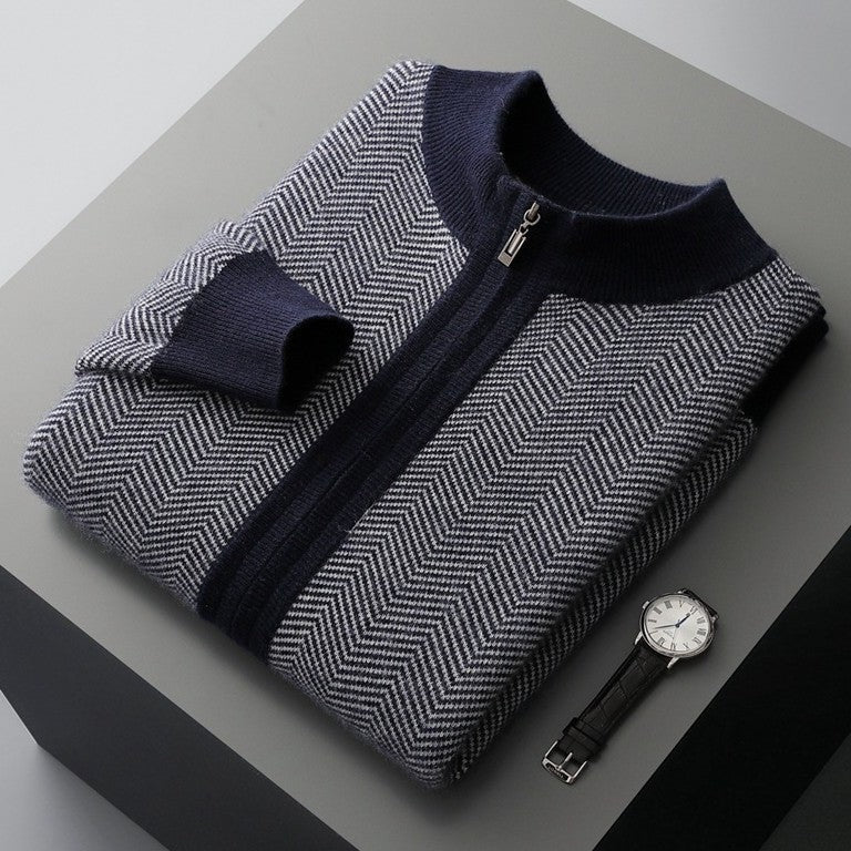 Men's herringbone knit cardigan with a stand collar and full-length zip - blue grey