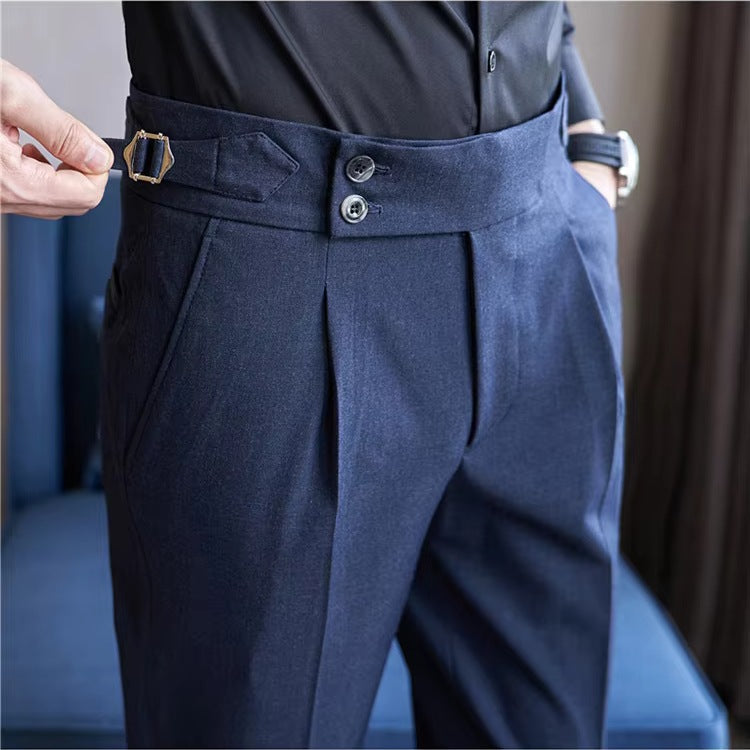 Men's high-waisted trousers with two buttons and adjustable buckle side tabs - navy