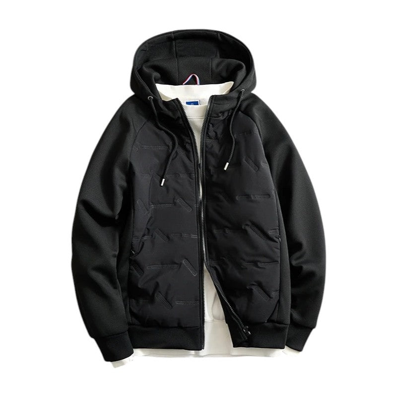 Men's hooded hybrid jacket with a padded front and jersey sleeves - black