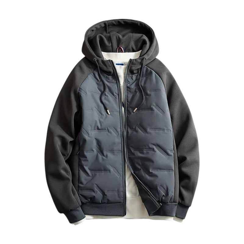 Men's hooded hybrid jacket with a padded front and jersey sleeves - slate grey