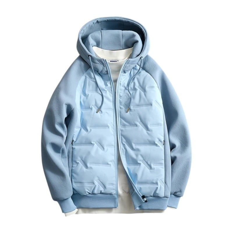 Men's hooded hybrid jacket with a padded front and jersey sleeves - light blue