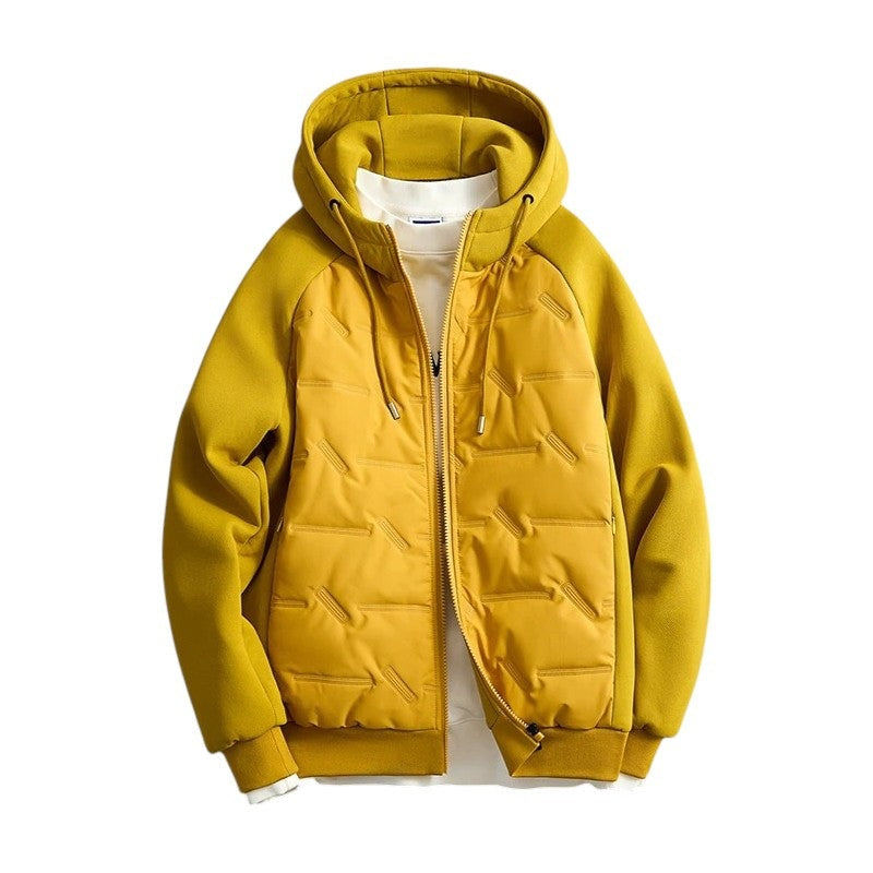 Men's hooded hybrid jacket with a padded front and jersey sleeves - ochre yellow