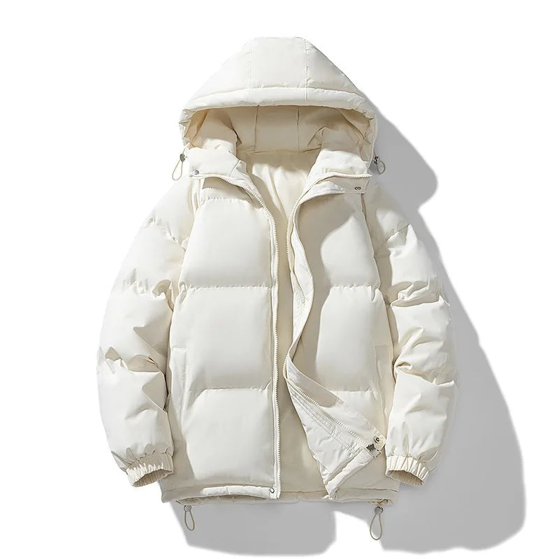Men's hooded puffer jacket with an inner stand collar - ecru