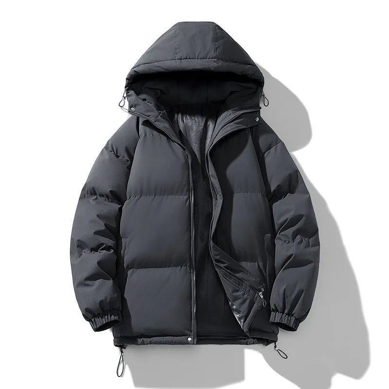 Men's hooded puffer jacket with an inner stand collar - charcoal