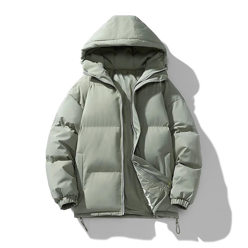 Men's hooded puffer jacket with an inner stand collar - sage green