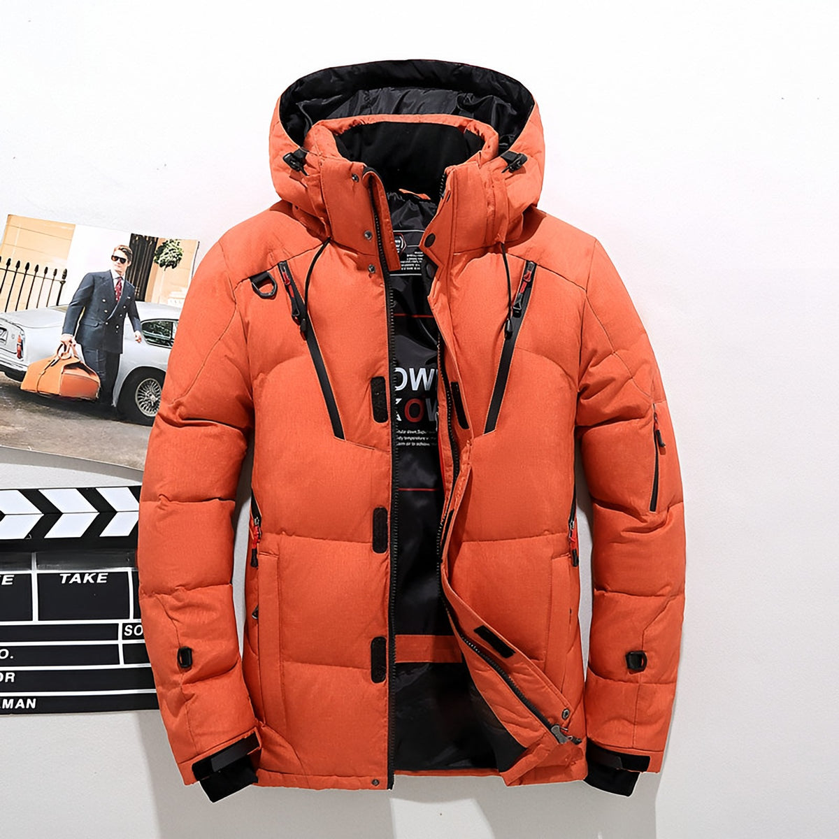 Men's hooded puffer jacket with wide quilted panels, zipped chest pockets and adjustable cuffs - orange