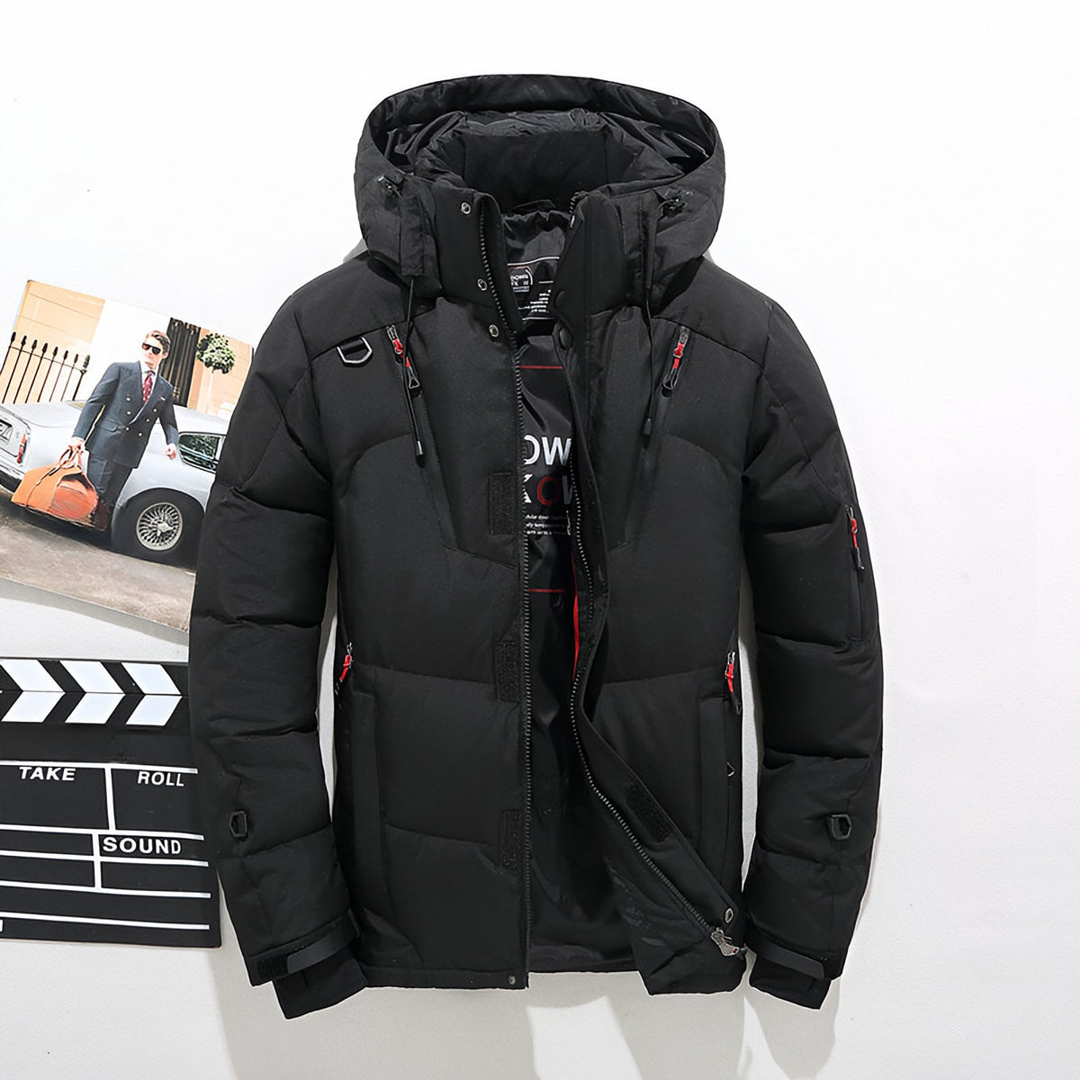 Men's hooded puffer jacket with wide quilted panels, zipped chest pockets and adjustable cuffs - black