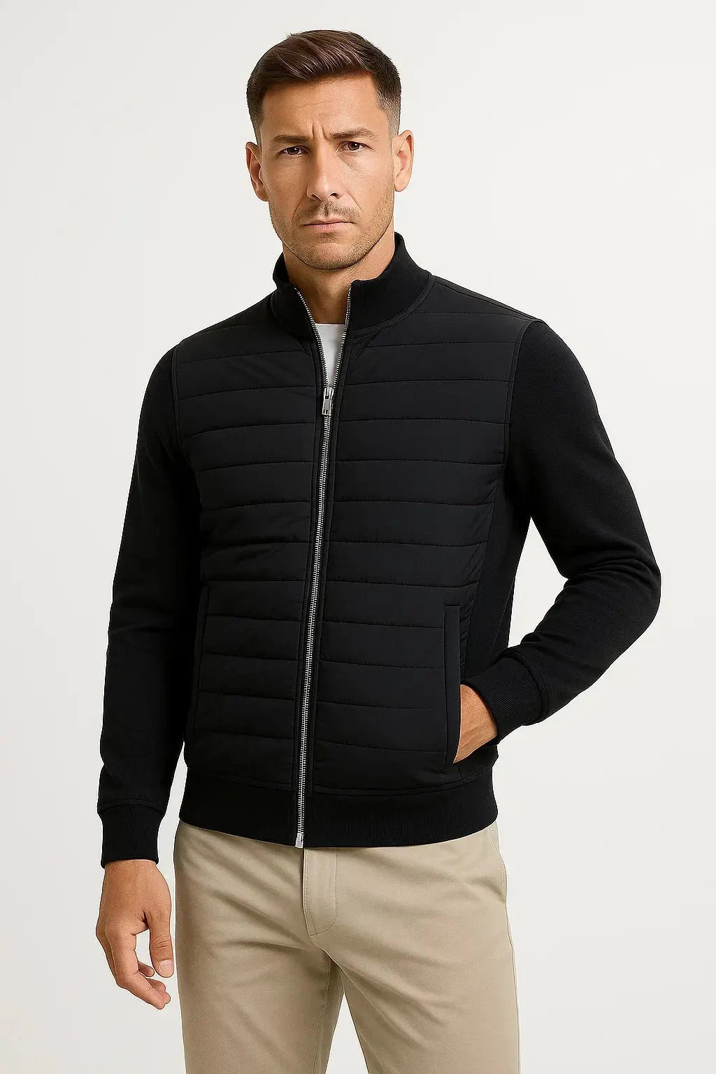 Men's hybrid jacket with a quilted front, knit sleeves and a stand collar - black