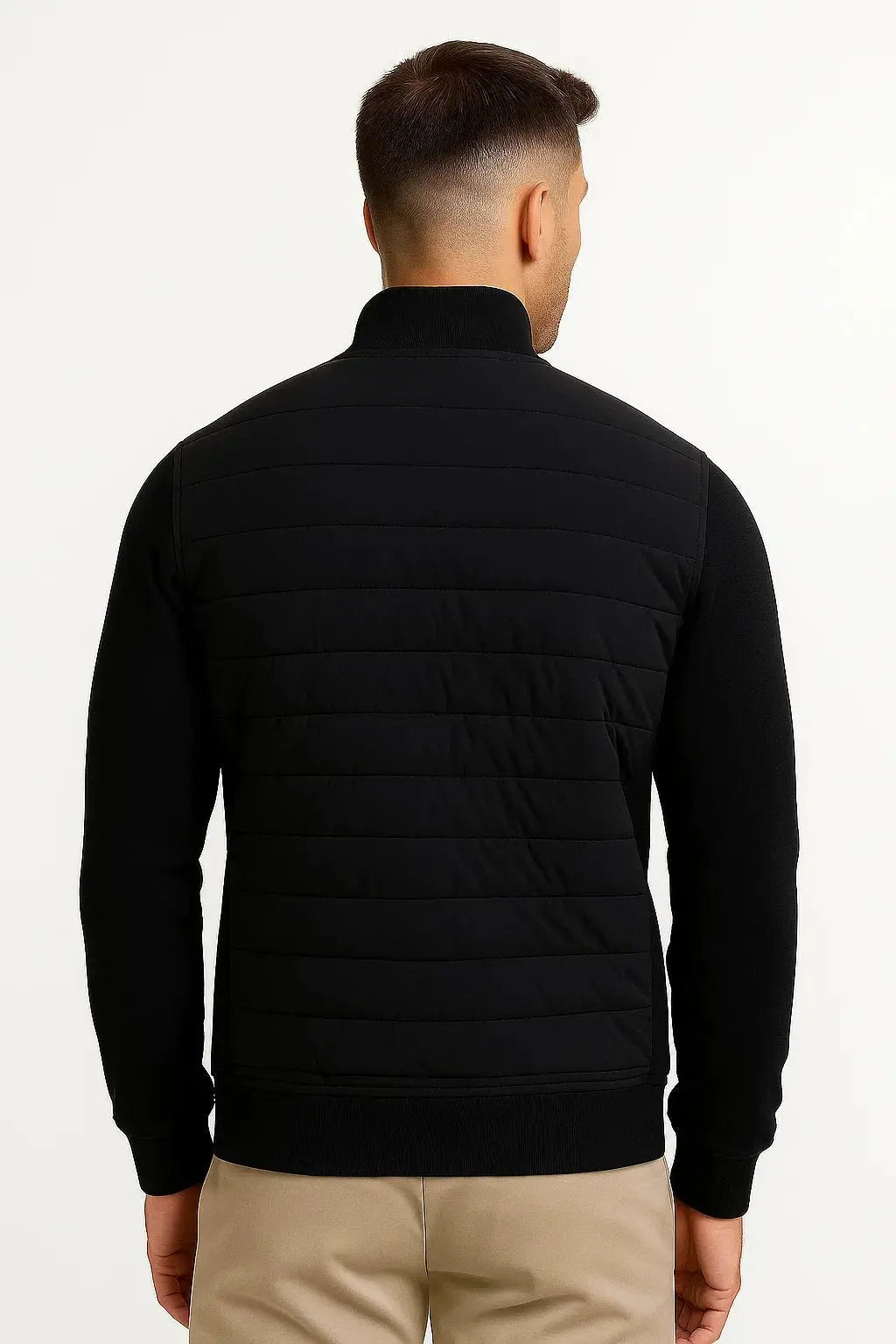 Men's hybrid jacket with a quilted front, knit sleeves and a stand collar - view 2