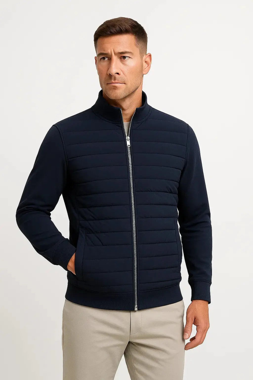 Men's hybrid jacket with a quilted front, knit sleeves and a stand collar - navy