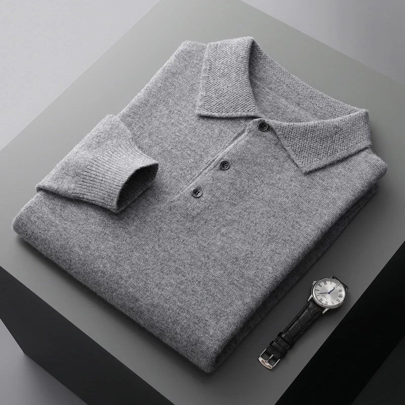 Men's long sleeve knitted polo with a textured collar and three buttons - grey marl