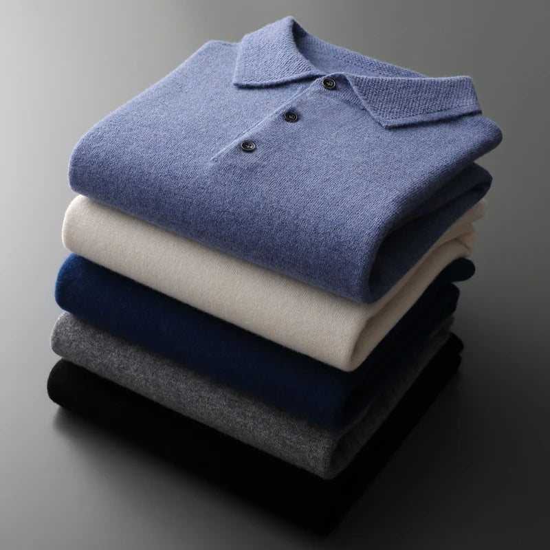 Men's long sleeve knitted polo with a textured collar and three buttons - view 10