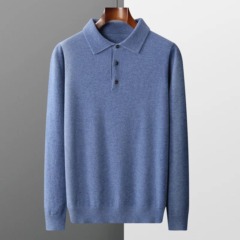 Men's long sleeve knitted polo with a textured collar and three buttons - view 2