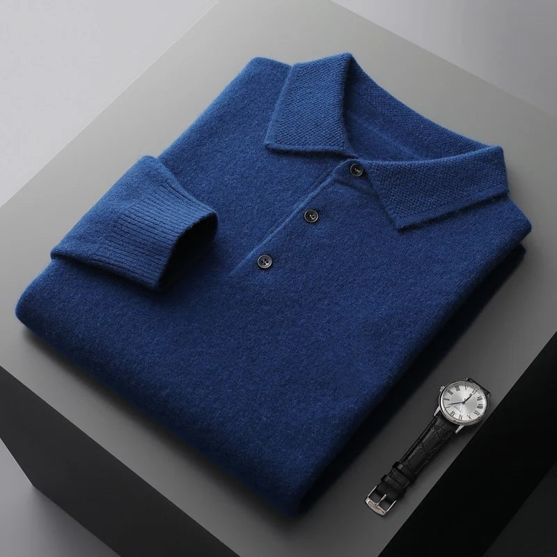 Men's long sleeve knitted polo with a textured collar and three buttons - dark blue