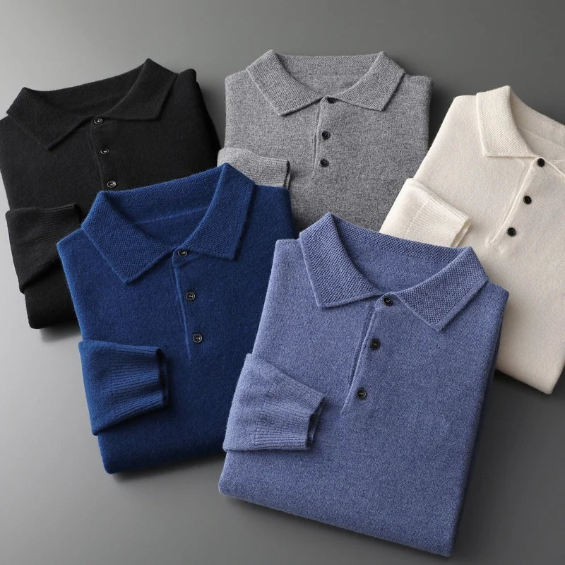 Men's long sleeve knitted polo with a textured collar and three buttons - view 9
