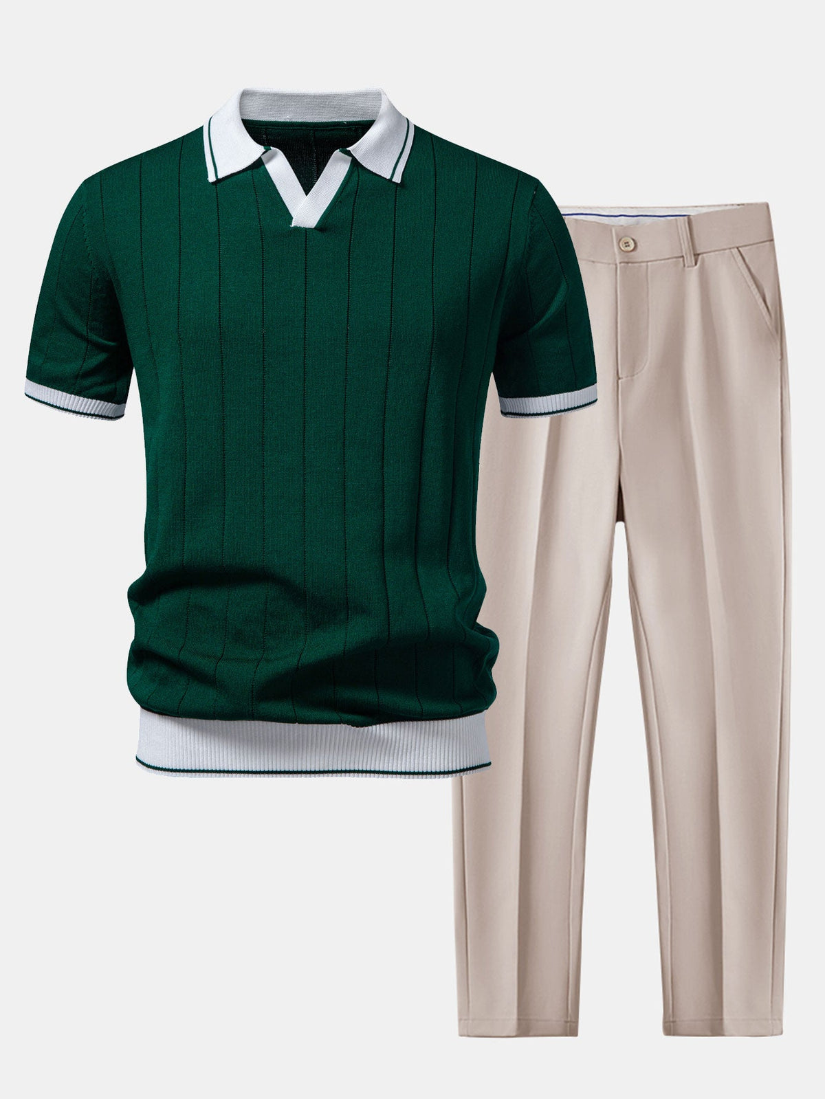 Two-piece set for men with ribbed knit polo, open V collar and tapered trousers - bottle green/beige