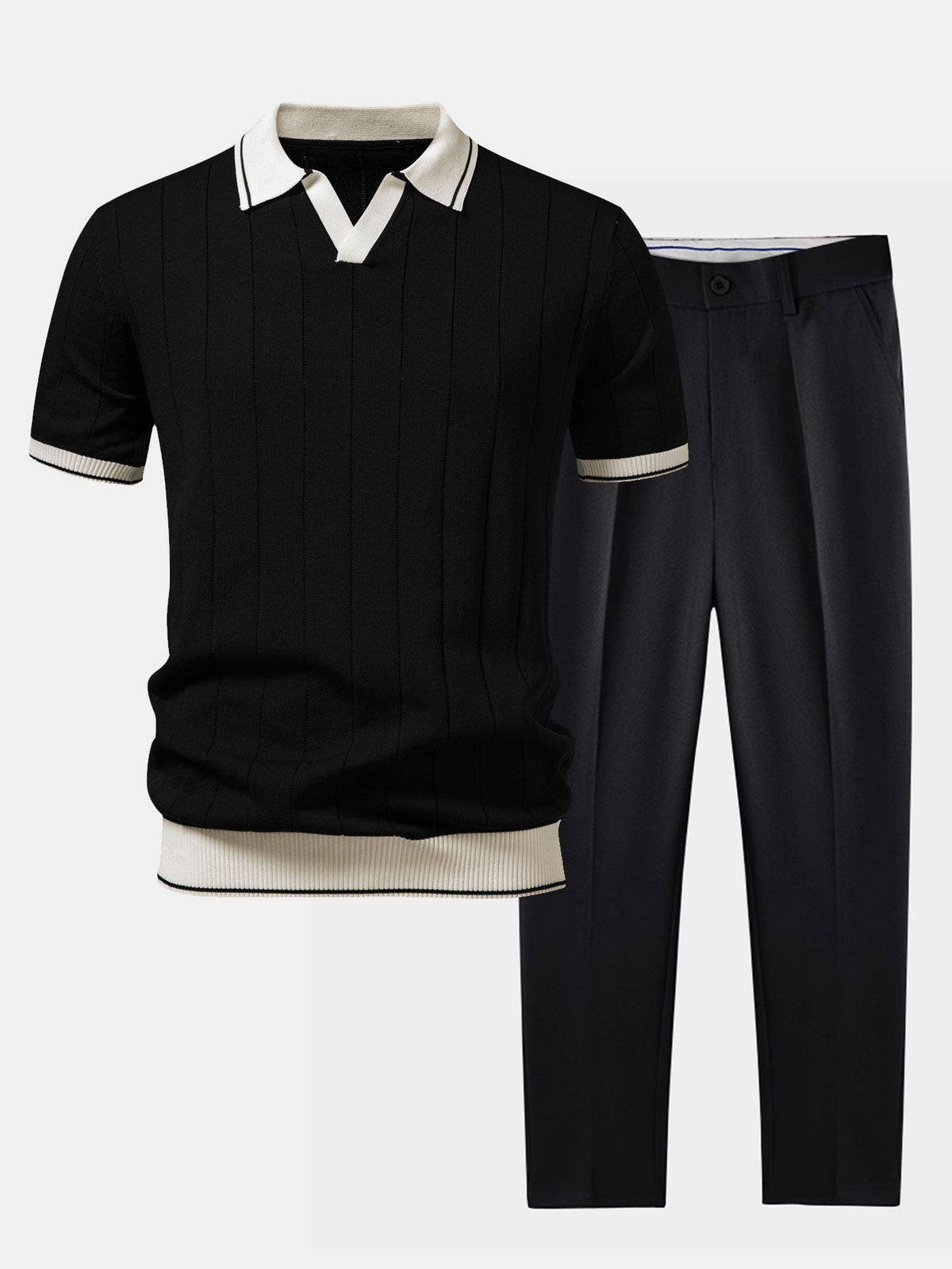 Two-piece set for men with ribbed knit polo, open V collar and tapered trousers - black