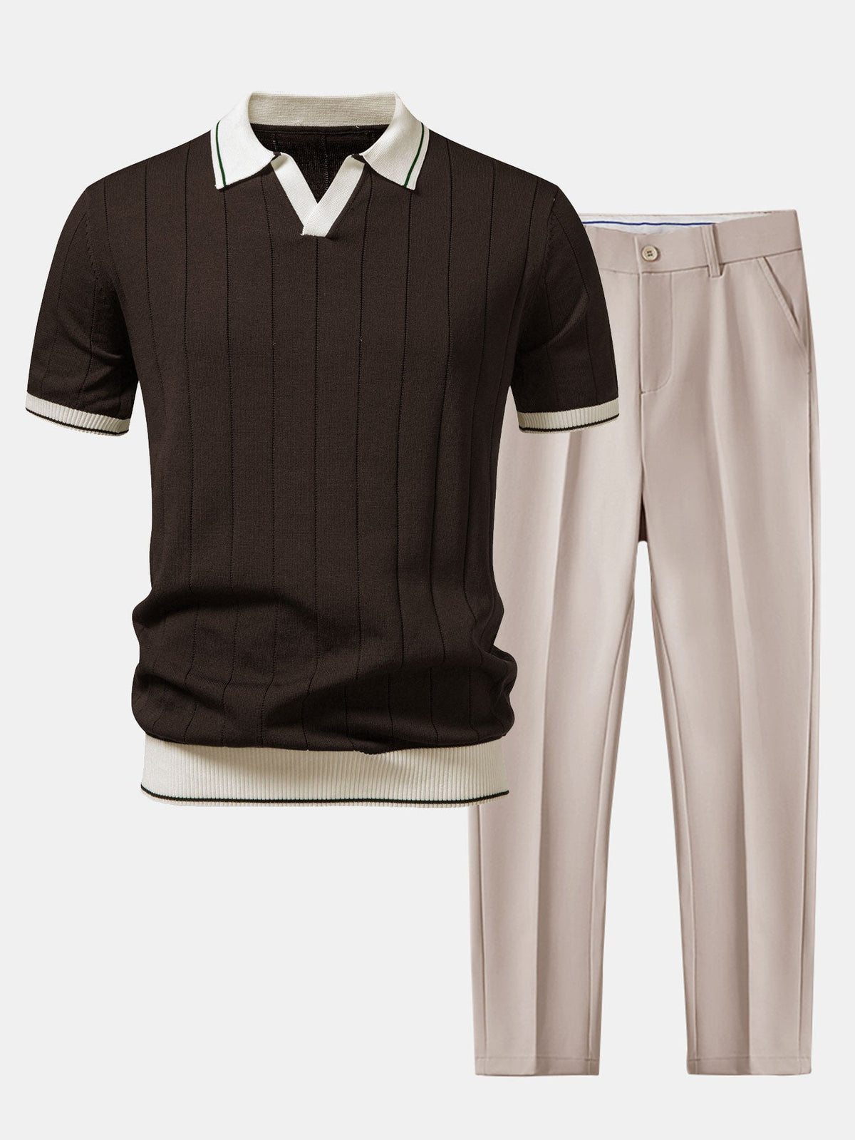 Two-piece set for men with ribbed knit polo, open V collar and tapered trousers - dark brown/beige