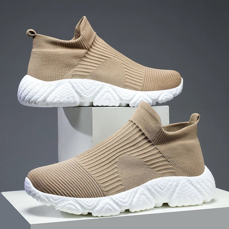 Men's knit slip-on trainers with a sock collar and a chunky textured foam sole - beige