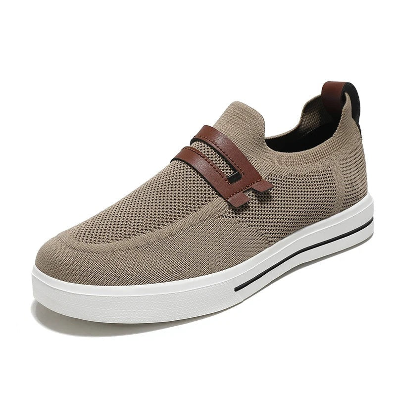 Men's knit slip-on trainers with a double faux leather strap across the instep - taupe
