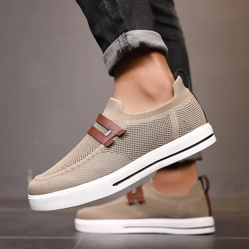 Men's knit slip-on trainers with a double faux leather strap across the instep - view 2