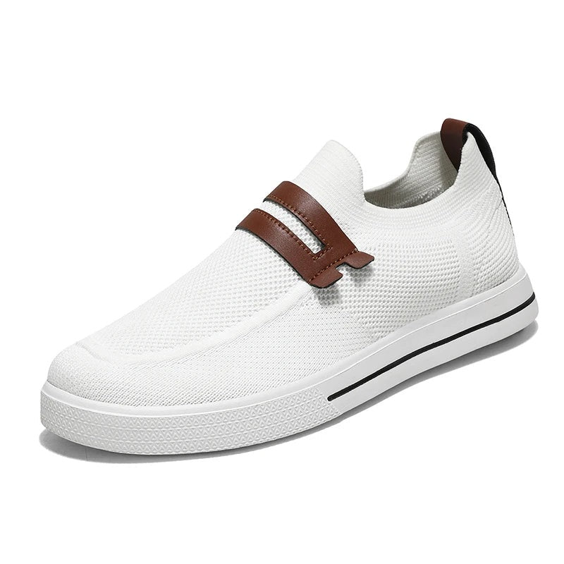Men's knit slip-on trainers with a double faux leather strap across the instep - white
