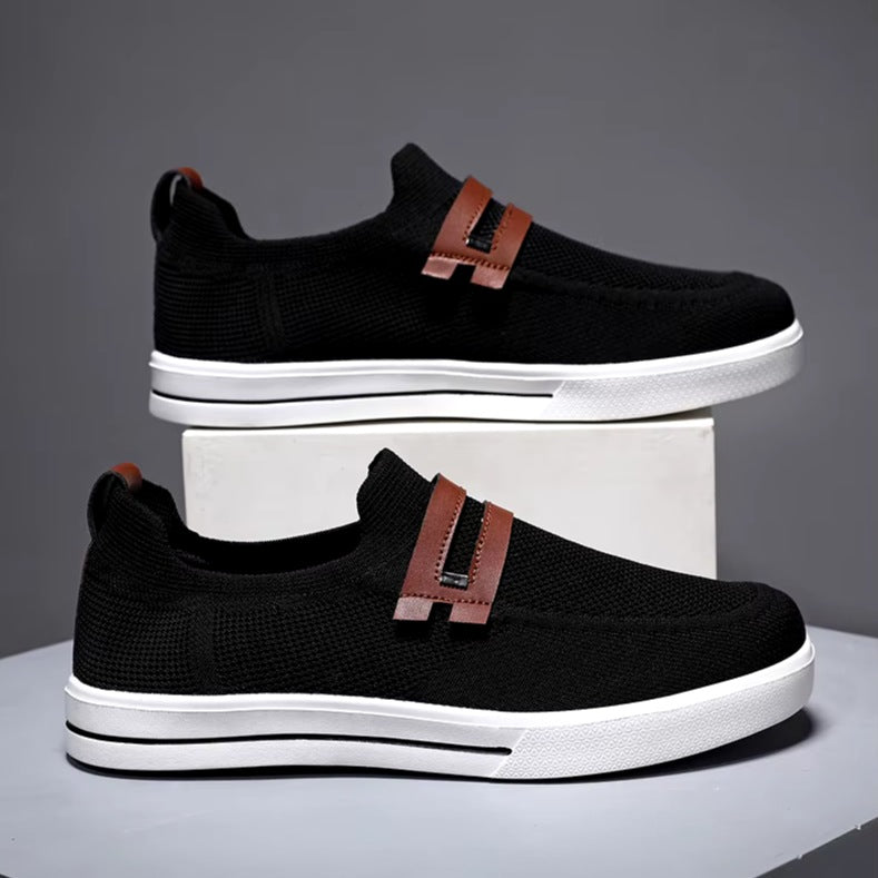 Men's knit slip-on trainers with a double faux leather strap across the instep - view 6