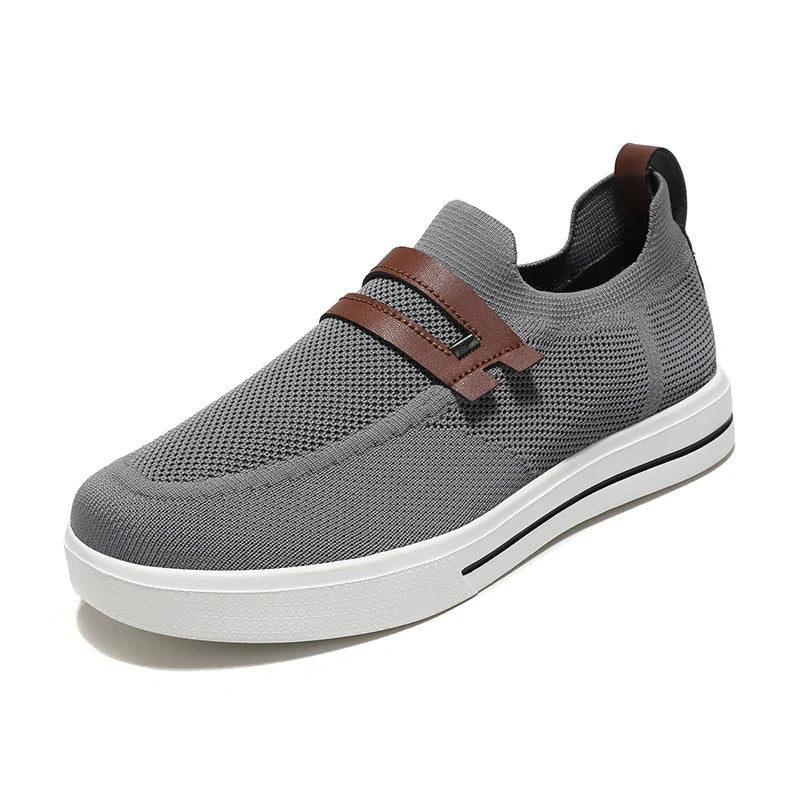 Men's knit slip-on trainers with a double faux leather strap across the instep - grey
