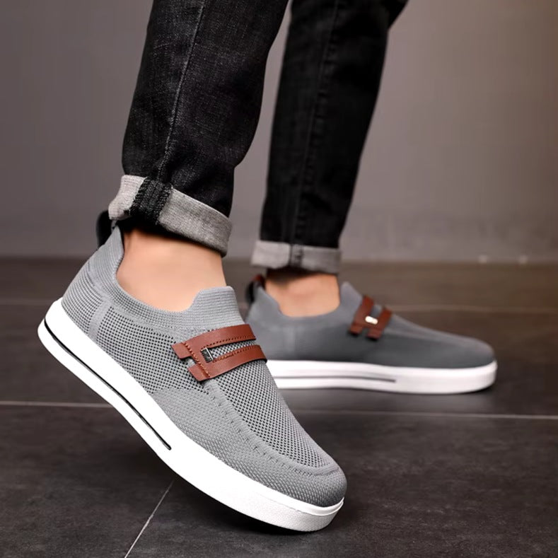 Men's knit slip-on trainers with a double faux leather strap across the instep - view 8