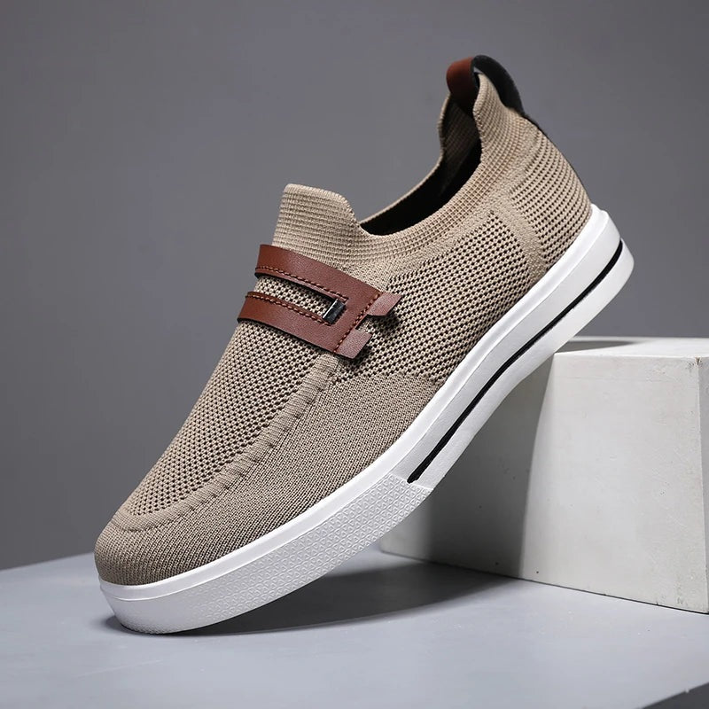 Men's knit slip-on trainers with a double faux leather strap across the instep - view 9