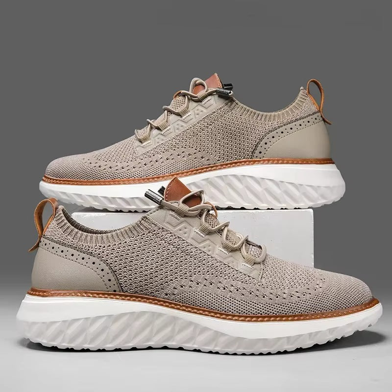 Men's knit trainers with a faux leather brogue heel, elastic laces and a white diamond-tread sole - view 5