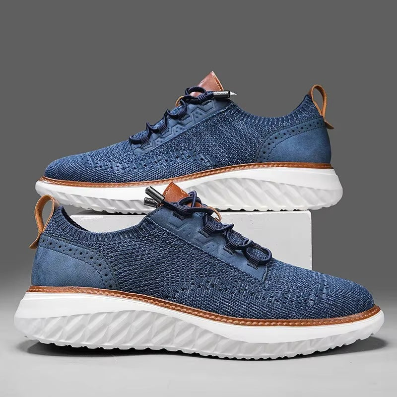 Men's knit trainers with a faux leather brogue heel, elastic laces and a white diamond-tread sole - view 6
