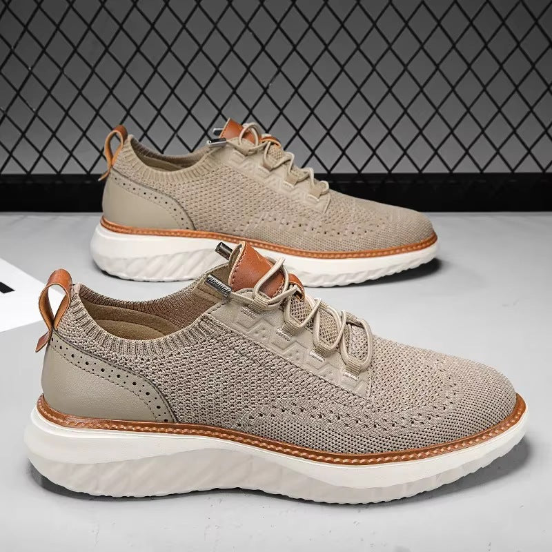 Men's knit trainers with a faux leather brogue heel, elastic laces and a white diamond-tread sole - view 7