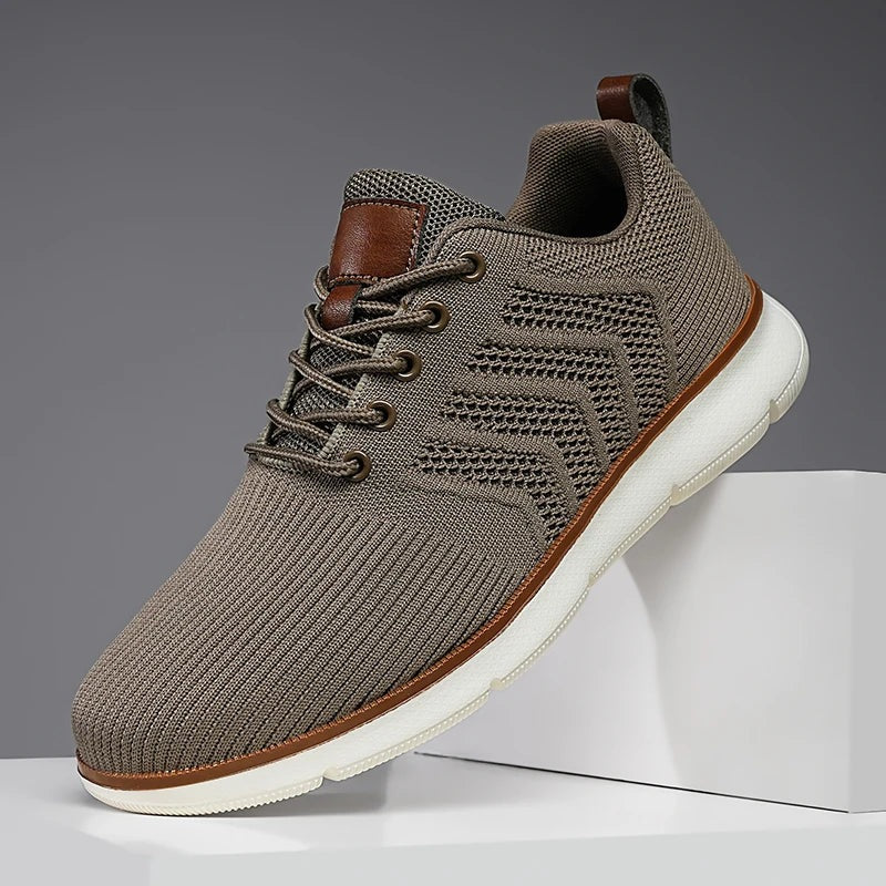 Men's knit trainers with an open chevron pattern, lightweight sole and faux leather tab - taupe