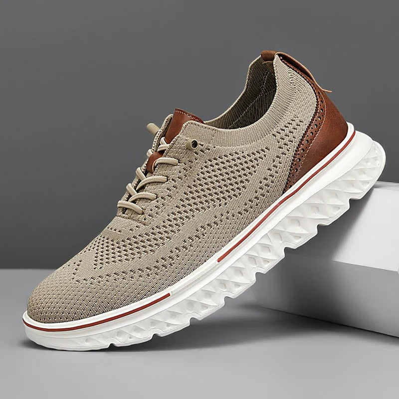 Men's knit mesh trainers with a faux leather heel, red trim along the sole and elastic laces - beige