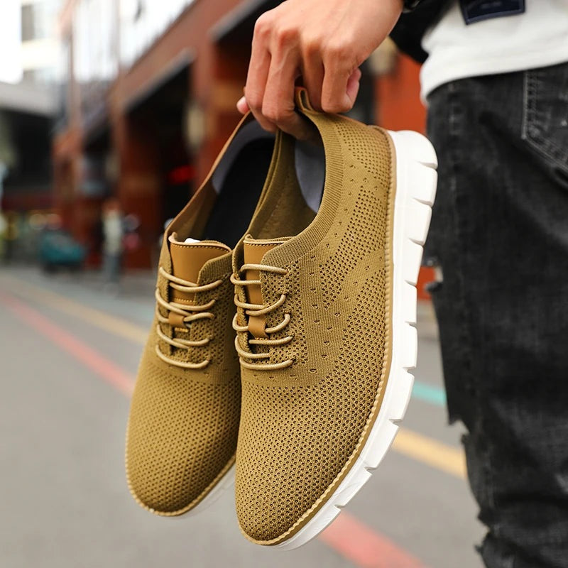 Men's knit trainers with a faux leather lace panel and a lightweight white sole - ochre
